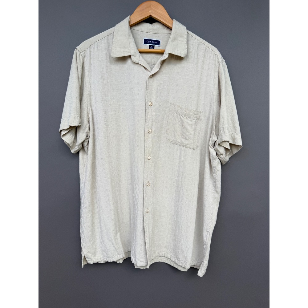 Club Room Silk Rayon Shirt XL Beige Short Sleeve Textured Camp Mens Luxury Coast